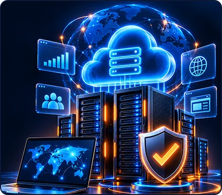 Affinova cloud hosting servers with security shield illustration