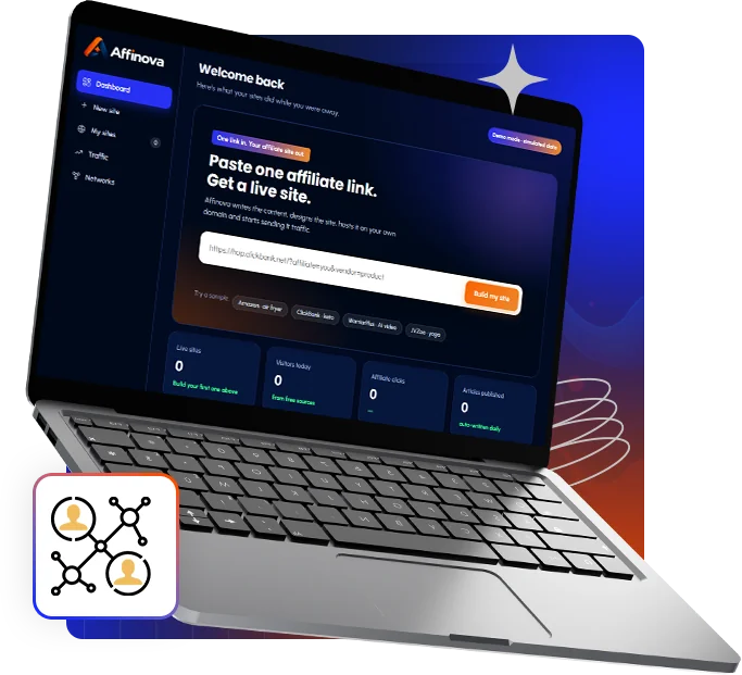 Affinova review: dashboard with Paste one affiliate link, get a live site box