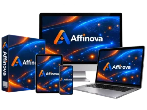 Affinova review 2026 product mockup showing the AI affiliate site builder on monitor, laptop and box