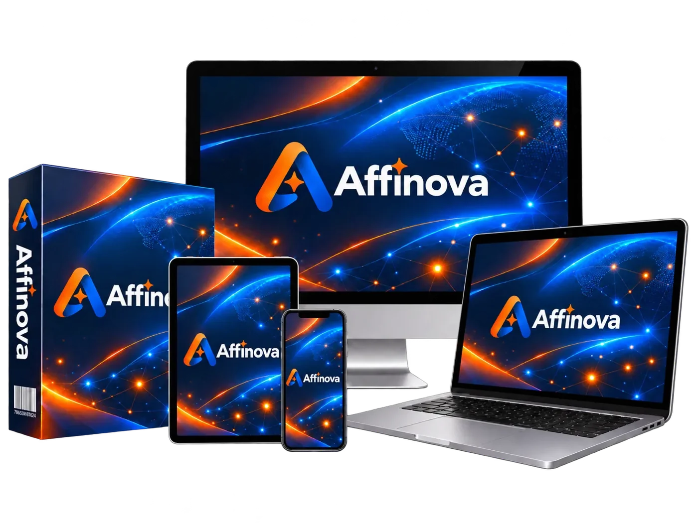 Affinova review 2026 product mockup showing the AI affiliate site builder on monitor, laptop and box