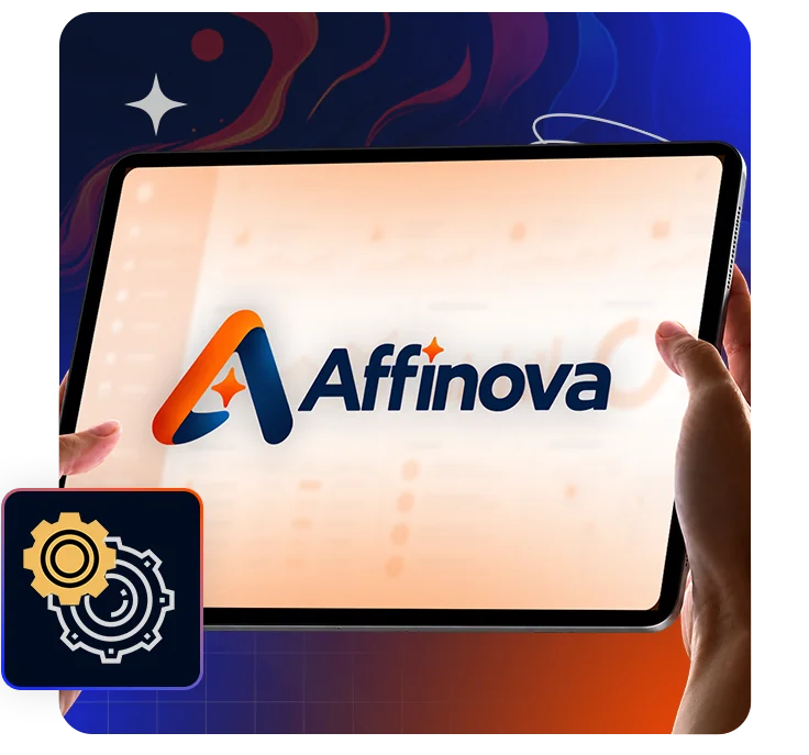 Affinova AI affiliate website builder logo on a tablet