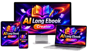 ai long ebook creator review product mockup shown across desktop monitor, laptop, tablet and phone screens