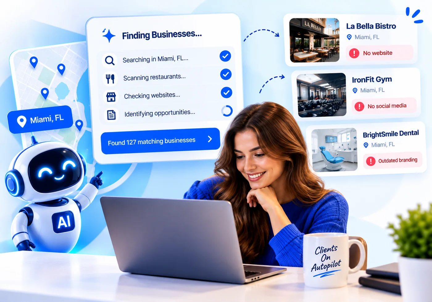 AstrAI Client Finder finding local businesses that need websites