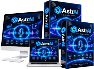 AstrAI review 2026 product mockup showing the voice AI studio on monitor, laptop and box