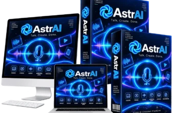 AstrAI review 2026 product mockup showing the voice AI studio on monitor, laptop and box