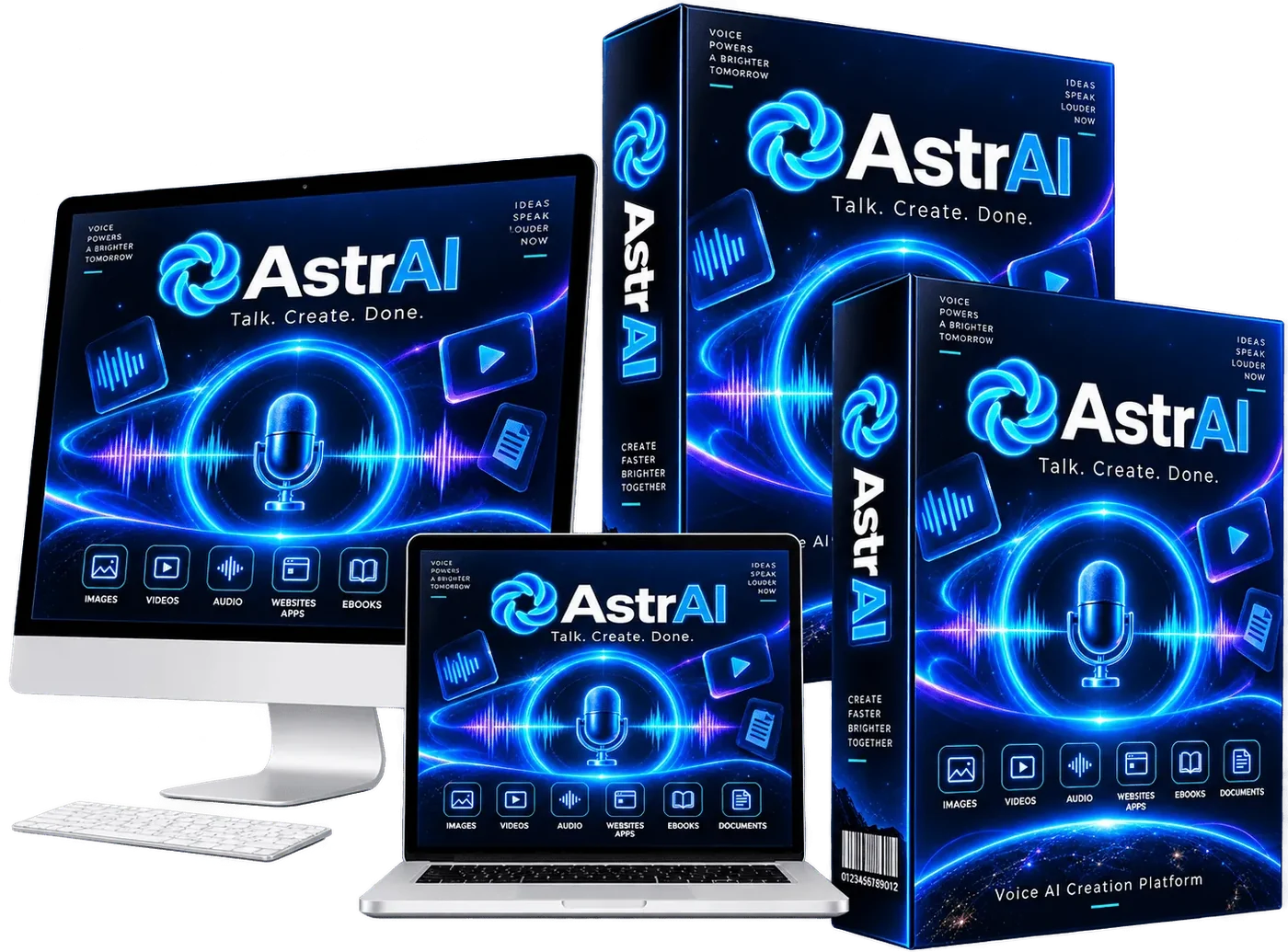 AstrAI review 2026 product mockup showing the voice AI studio on monitor, laptop and box