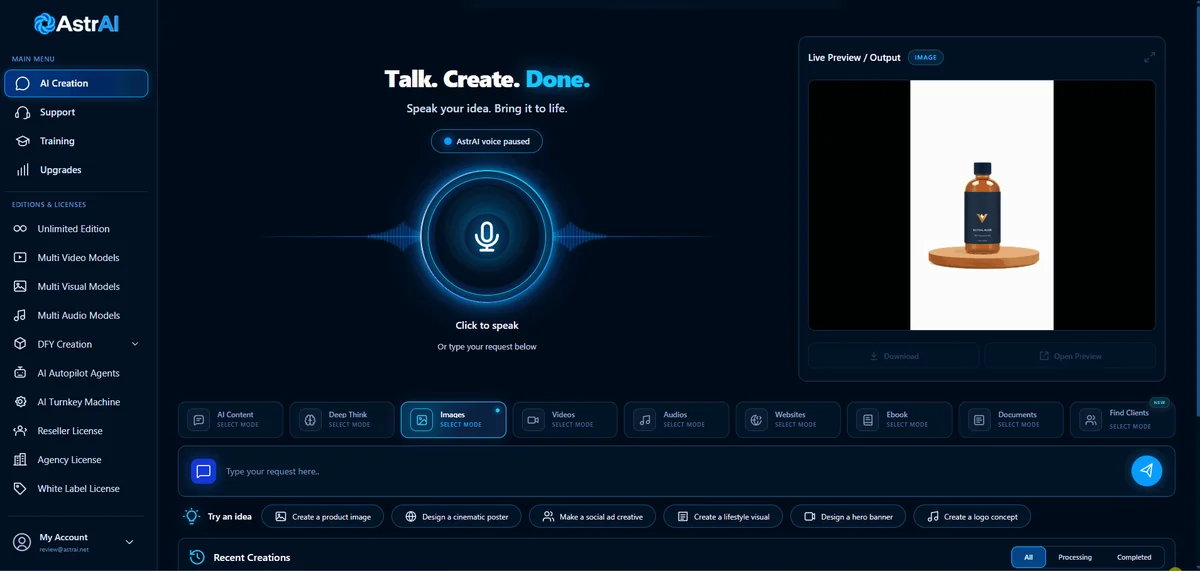 AstrAI tutorial step 2: speak your request and create