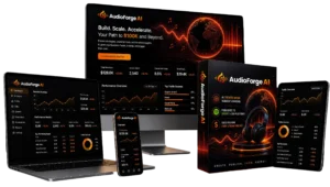 AudioForge AI Review - Dashboard shown across a monitor, laptop, tablet, phone and product box