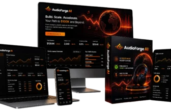 AudioForge AI Review - Dashboard shown across a monitor, laptop, tablet, phone and product box