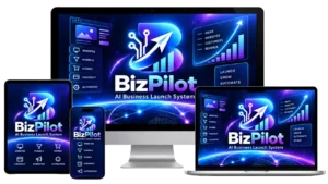 BizPilot AI Business Launch System shown across desktop, laptop, tablet and phone