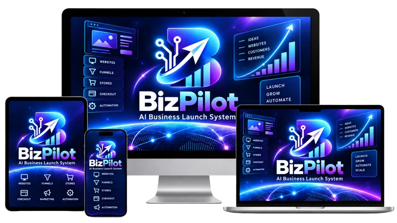 BizPilot AI Business Launch System shown across desktop, laptop, tablet and phone