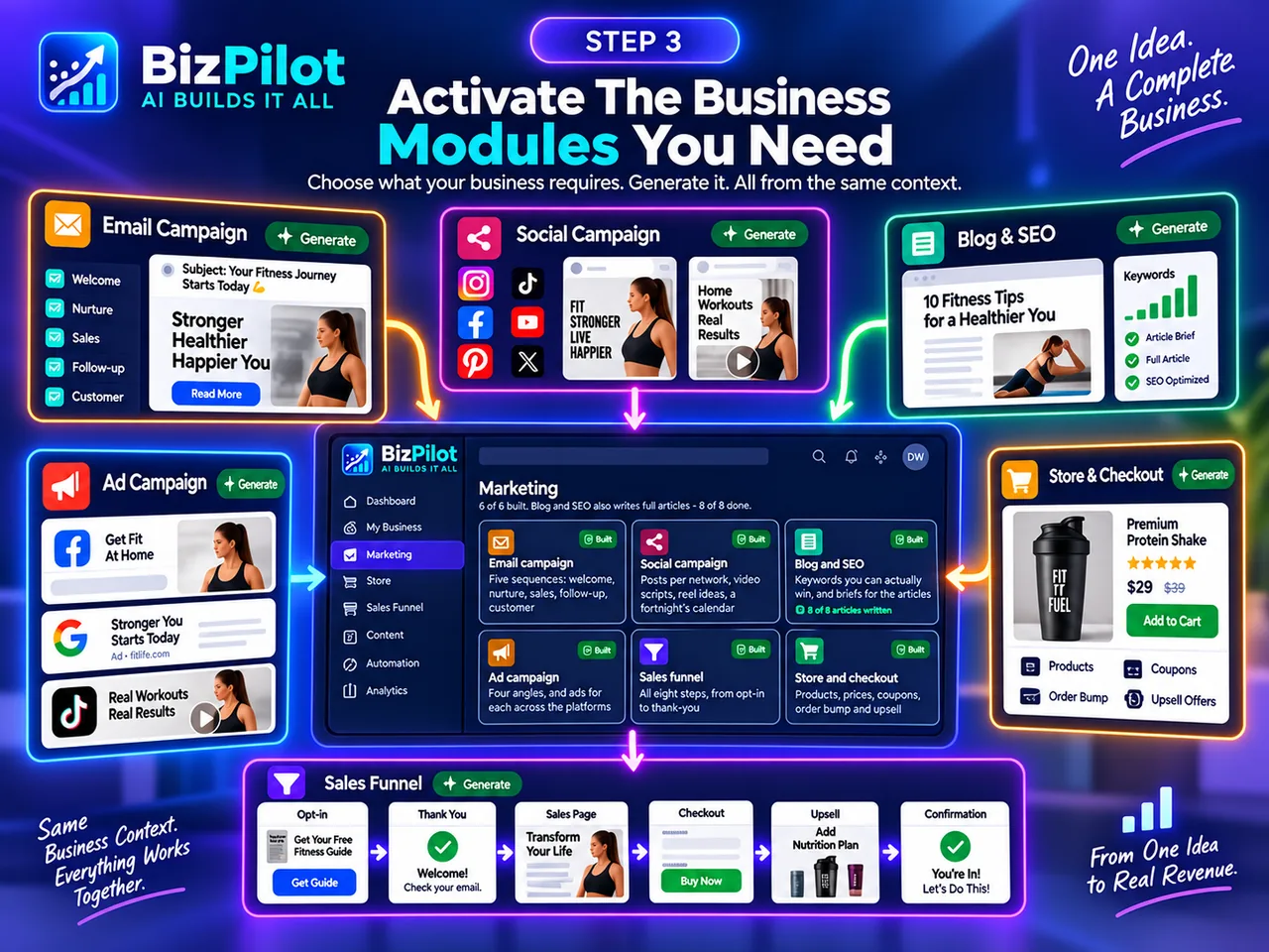 BizPilot Step 3 screenshot: dashboard showing email, social, ad, blog and sales funnel modules generated together