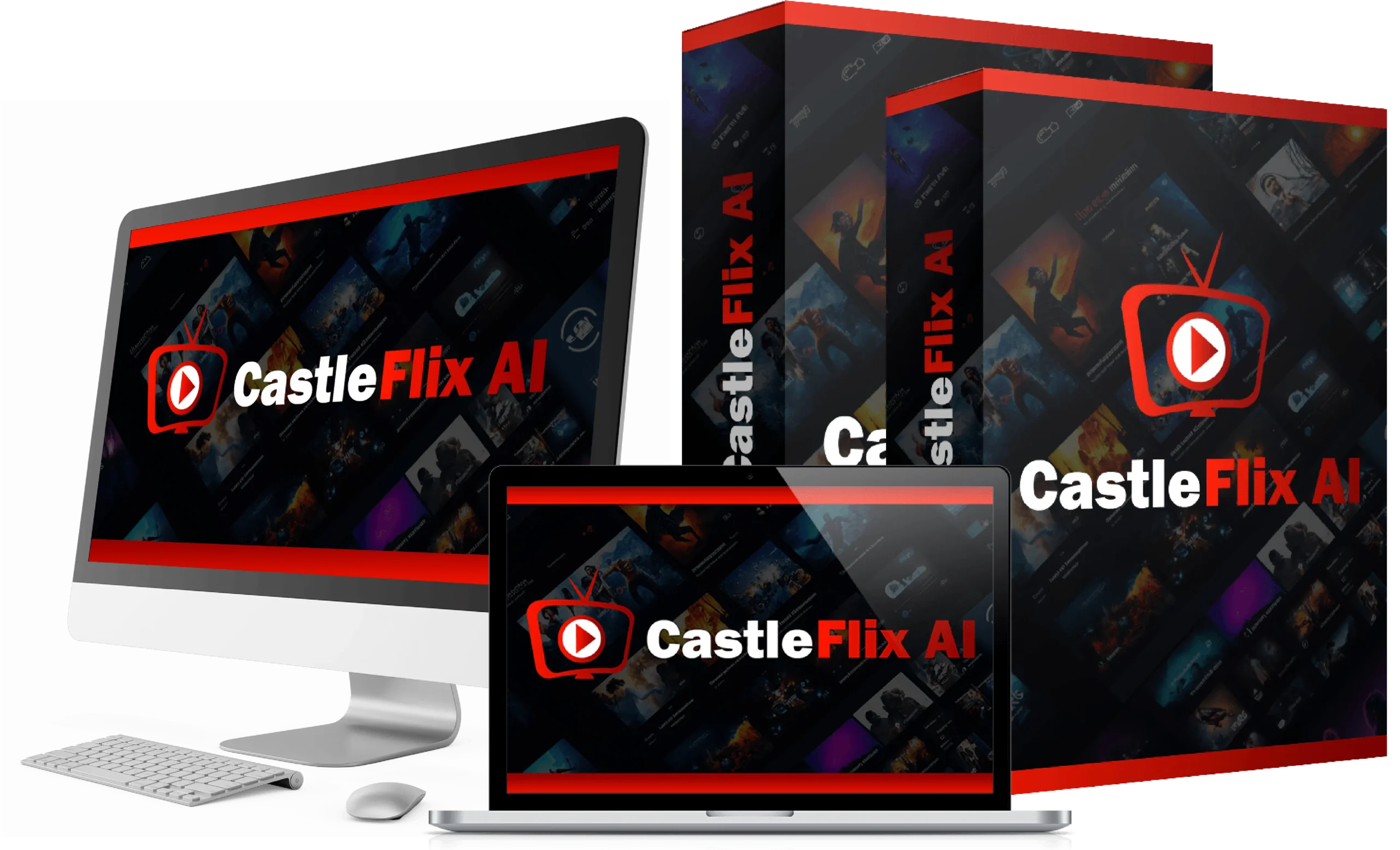 CastleFlix AI review: product shown across a monitor, laptop and product box