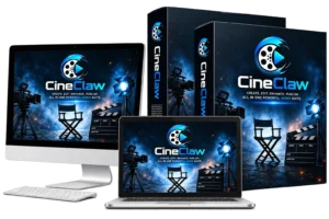 CineClaw AI video generator shown across desktop, laptop and product box, reviewed on MMO Maker