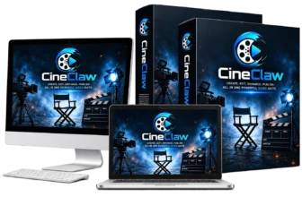 CineClaw AI video generator shown across desktop, laptop and product box, reviewed on MMO Maker