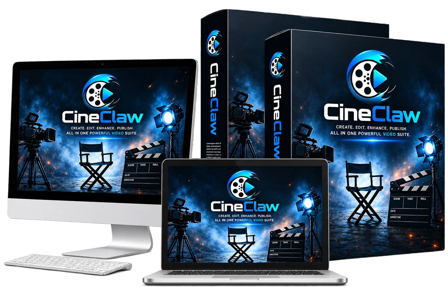 CineClaw AI video generator shown across desktop, laptop and product box, reviewed on MMO Maker
