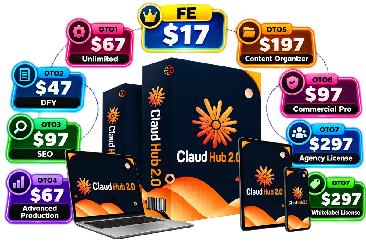ClaudHub 2.0 pricing and OTO funnel graphic with upgrade prices