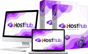HostHub AI Review: product shown across a monitor, laptop and product box