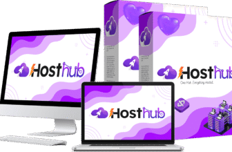 HostHub AI Review: product shown across a monitor, laptop and product box