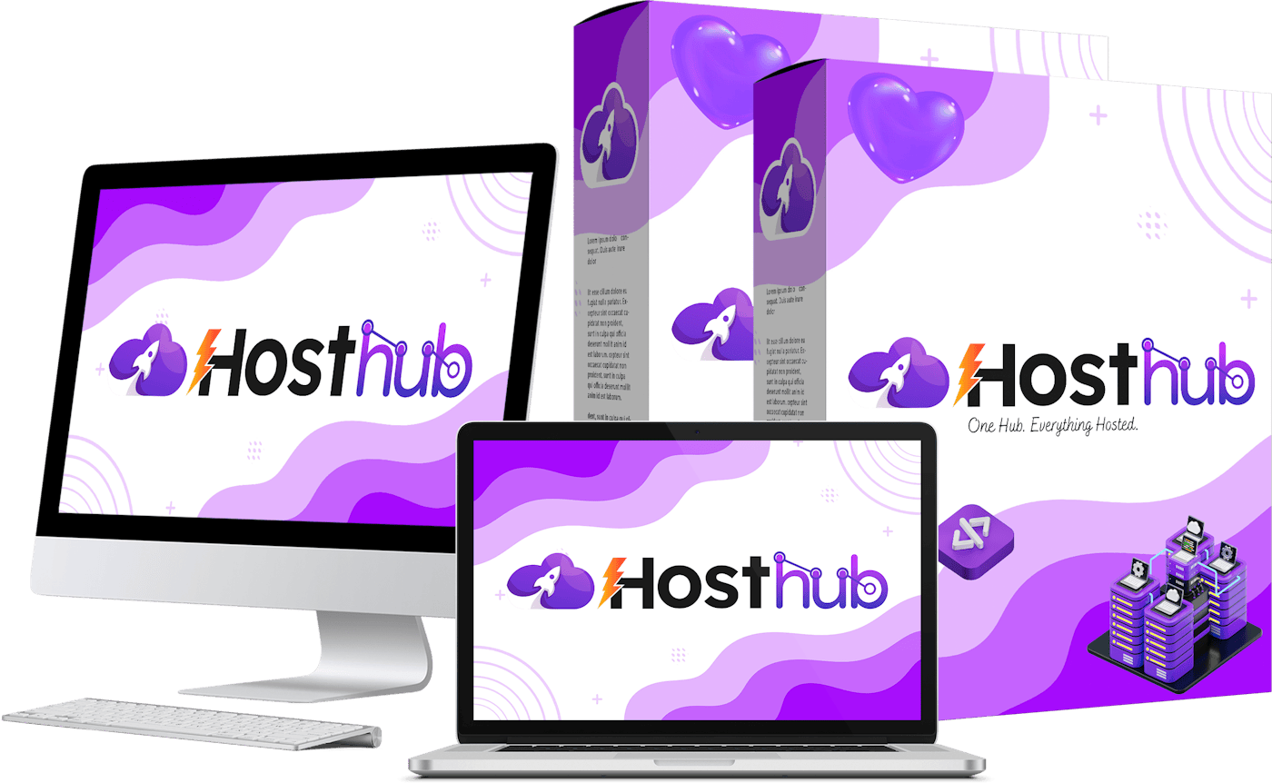 HostHub AI Review: product shown across a monitor, laptop and product box