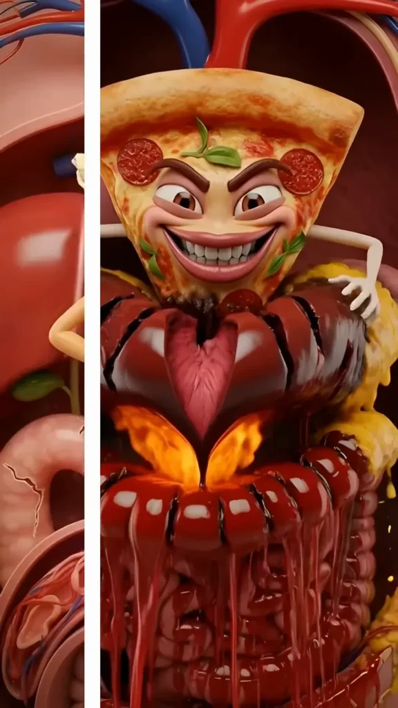Stylized horror-themed talking pizza slice character, an edgier TalkGen AI template example