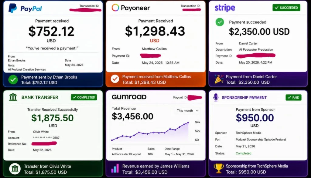 Promotional graphic showing example payment notification mockups, not verified TalkGen AI results