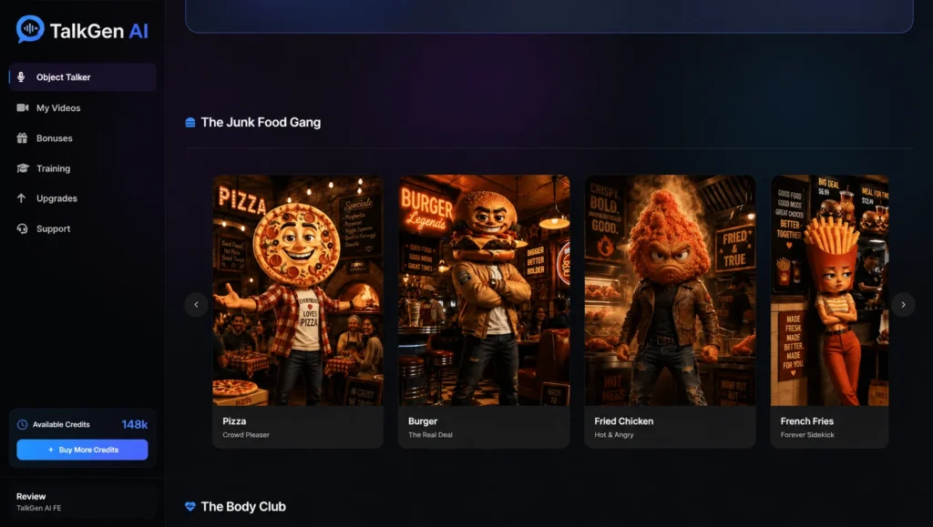 TalkGen AI's Junk Food Gang template category: Pizza, Burger, Fried Chicken, and French Fries characters