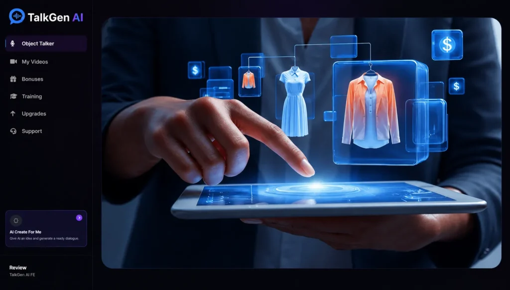 TalkGen AI dashboard sidebar beside a conceptual image of a hand selecting clothing items through an augmented reality tablet interface