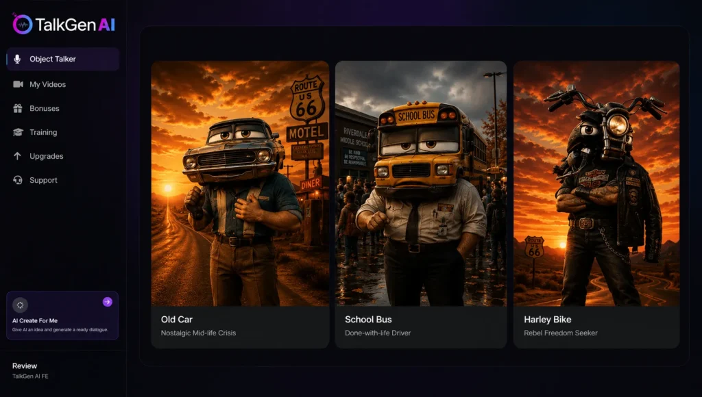 TalkGen AI vehicle template category: Old Car, School Bus, and Harley Bike characters