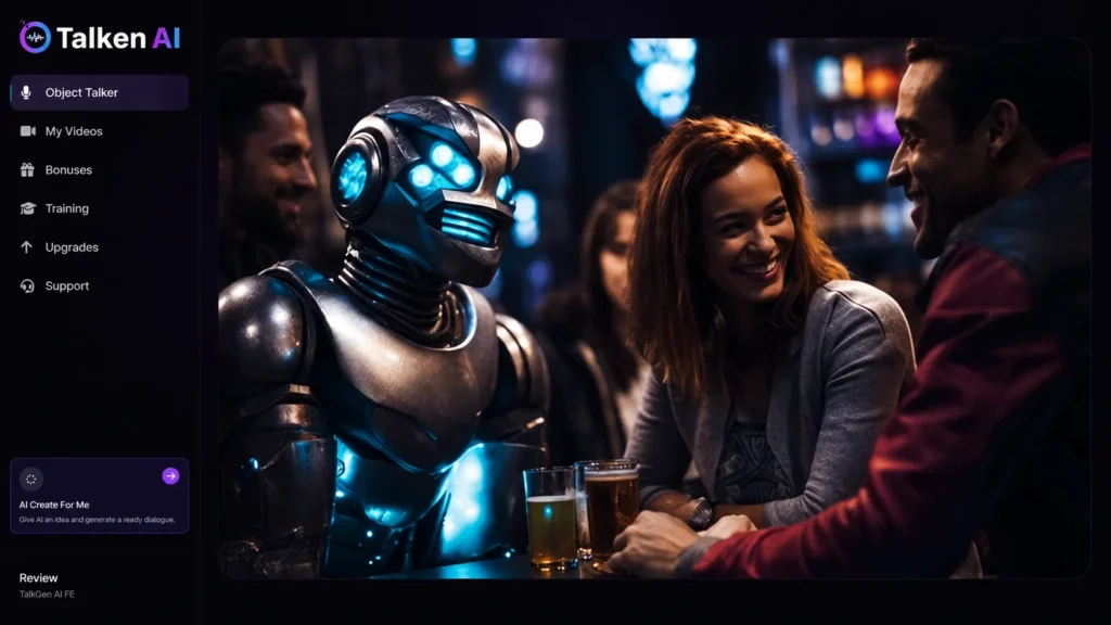 TalkGen AI promotional image of a robot mascot character socializing with people at a table