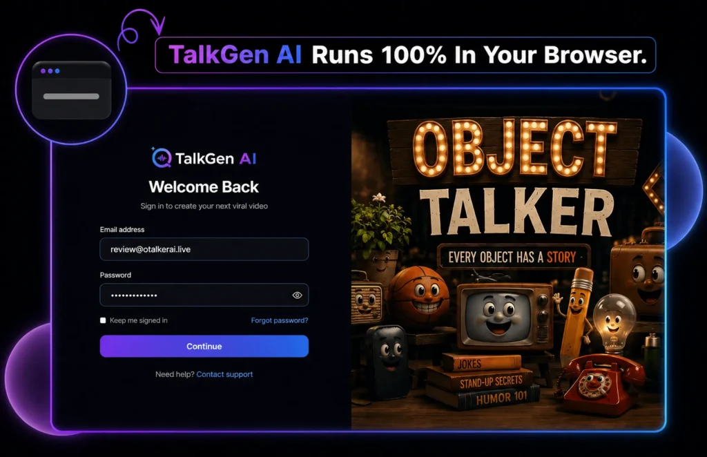 TalkGen AI sign-in screen next to the Object Talker branding image captioned Every Object Has A Story