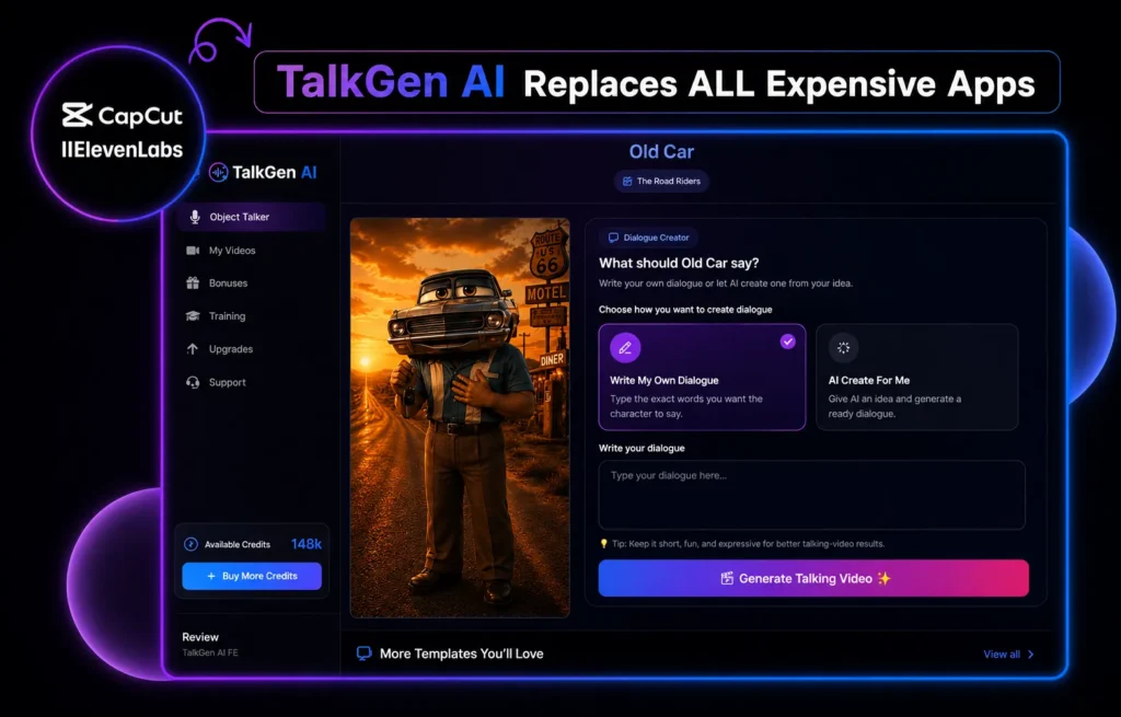 TalkGen AI dashboard showing the Object Talker tool generating a talking video for an Old Car template, with the tagline TalkGen AI Replaces ALL Expensive Apps