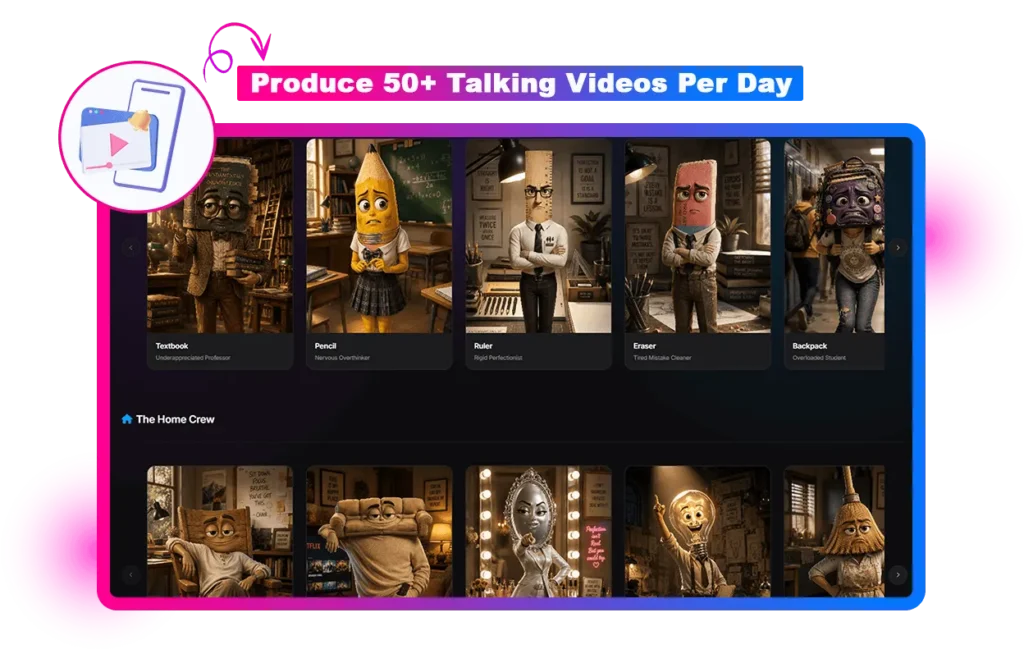 TalkGen AI template gallery showing School Supplies characters (Textbook, Pencil, Ruler, Eraser, Backpack) and Home Crew characters, with the tagline Produce 50+ Talking Videos Per Day