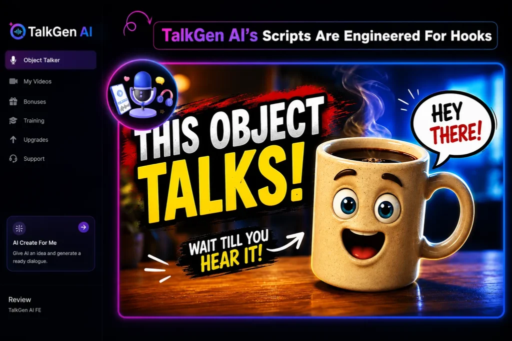 TalkGen AI example: a talking coffee mug character saying Hey there, with the tagline TalkGen AI's Scripts Are Engineered For Hooks