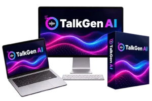 TalkGen AI shown on a monitor, laptop, and product box, the official product mockup used to identify in this TalkGen AI Review