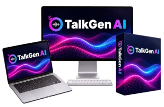 TalkGen AI shown on a monitor, laptop, and product box, the official product mockup used to identify in this TalkGen AI Review
