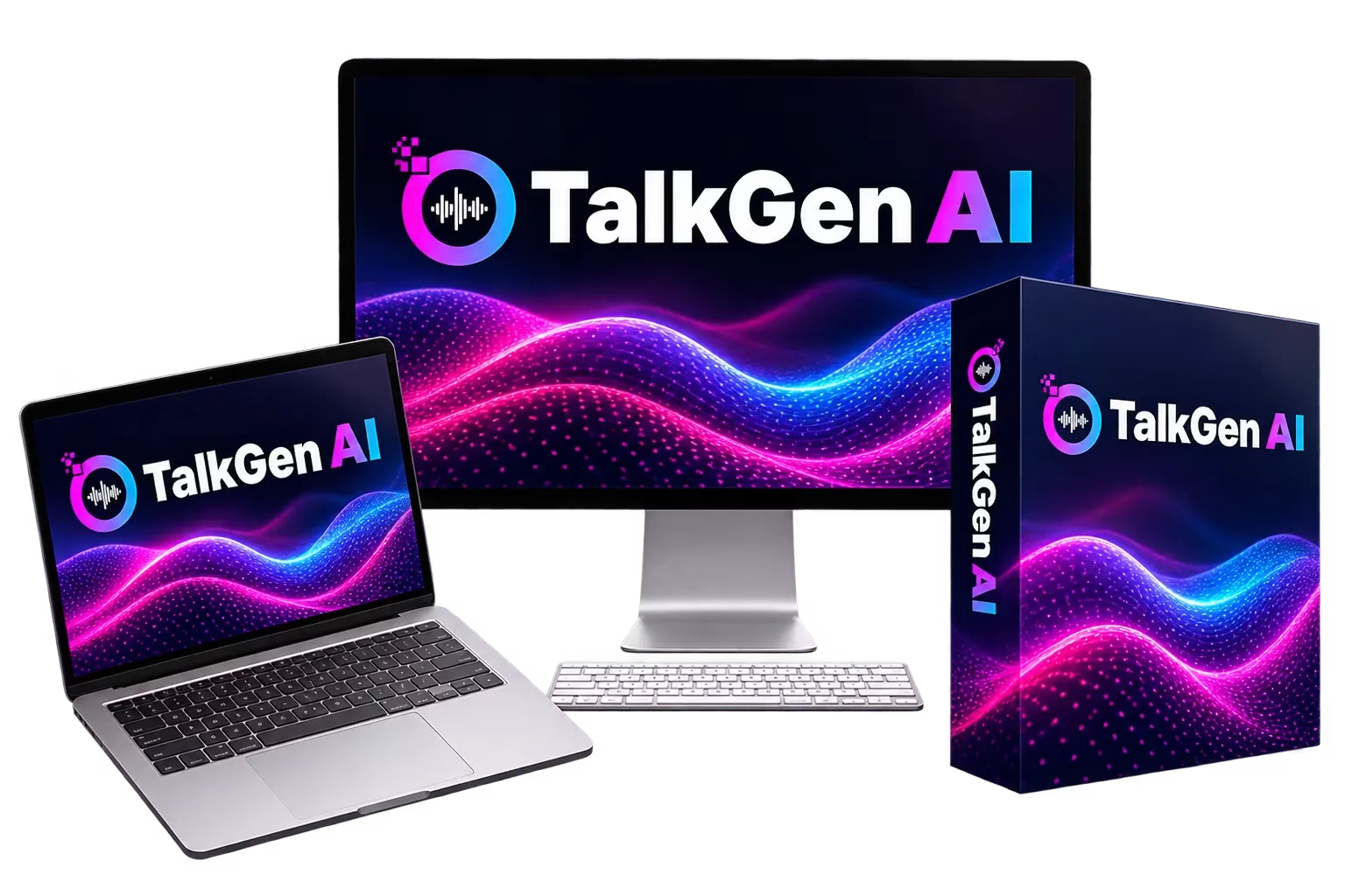 TalkGen AI shown on a monitor, laptop, and product box, the official product mockup used to identify in this TalkGen AI Review