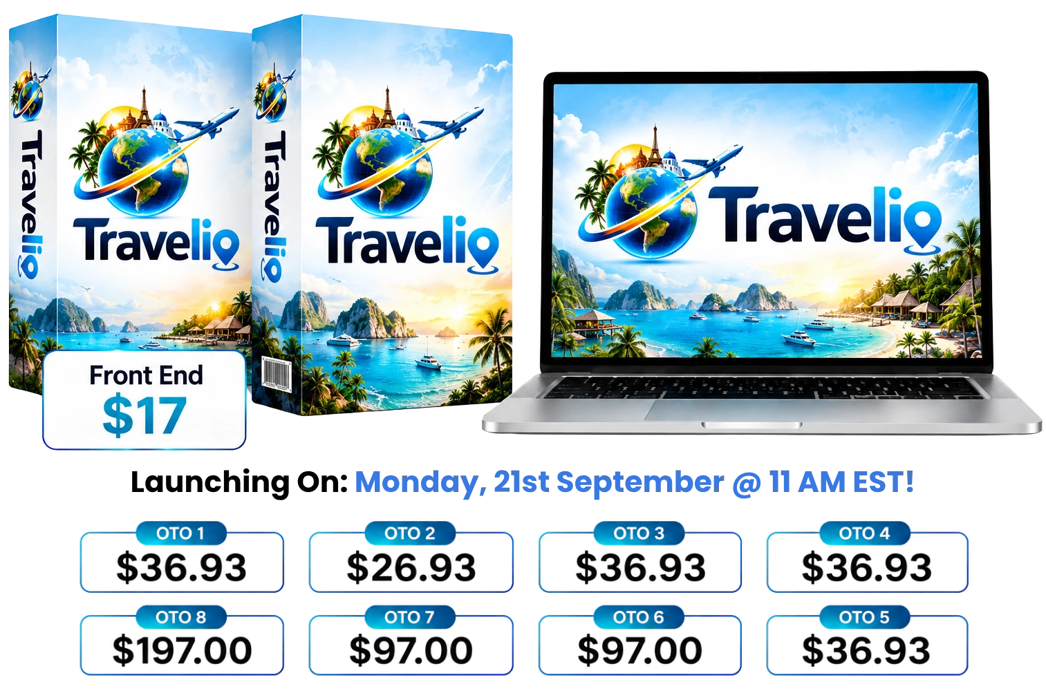 Travelio official pricing graphic showing the $17 front end and OTO1 through OTO8 price ladder, launching Monday 21st September at 11 AM EST