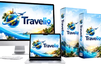 Travelio review: the official product mockup shown across a monitor, laptop and product box