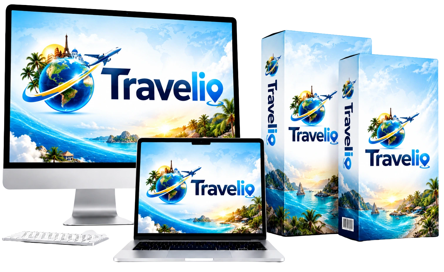 Travelio review: the official product mockup shown across a monitor, laptop and product box