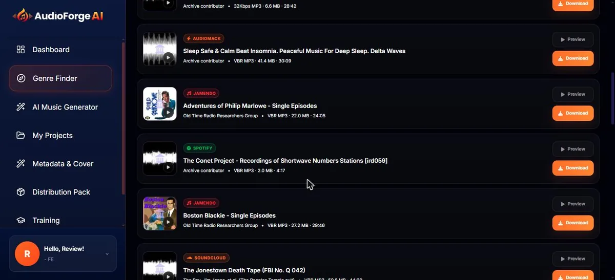 AudioForge AI Genre Finder search results for sleep music, showing results badged Spotify, Jamendo and SoundCloud including old radio drama episodes