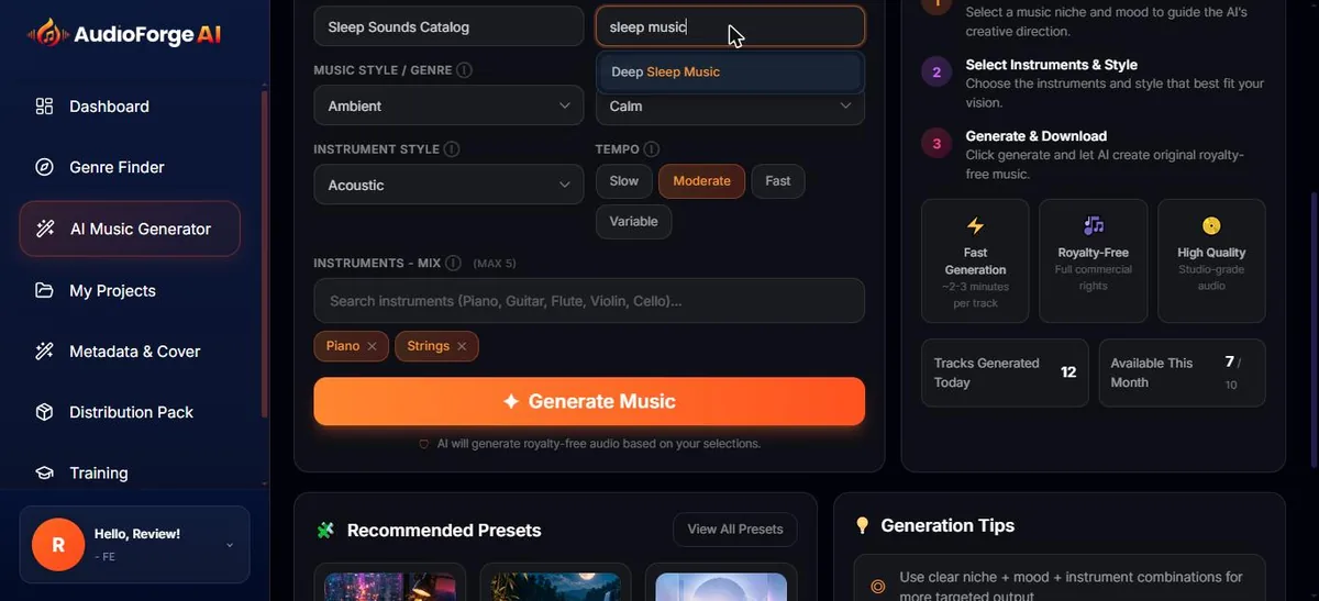 AudioForge AI Music Generator form with genre, mood, tempo and instrument fields filled in