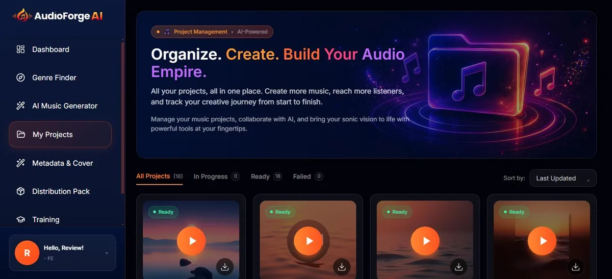 AudioForge AI My Projects screen showing completed tracks ready to play and download