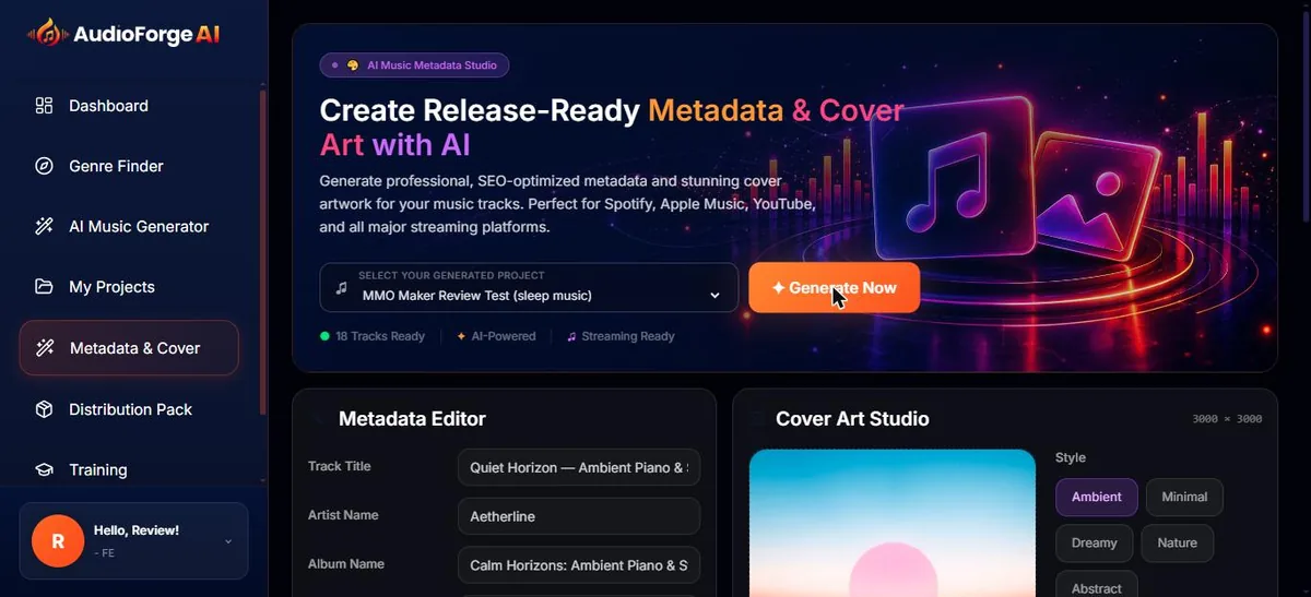 AudioForge AI Metadata and Cover Art Studio showing a generated track title, artist name and cover artwork