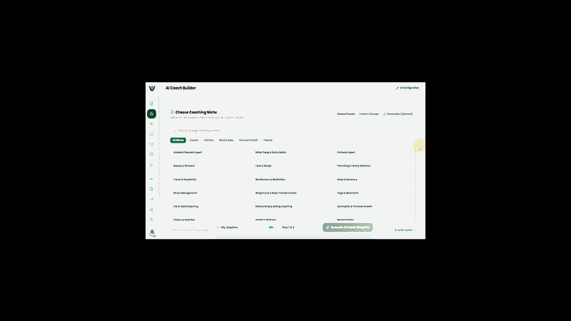 WellNest AI real product screenshot: AI Coach Builder niche-selection screen