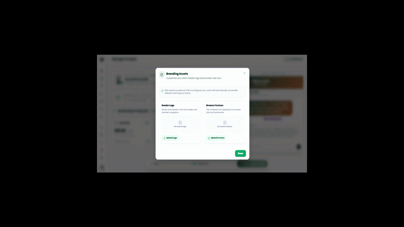 WellNest AI real product screenshot: Branding Assets logo and favicon upload modal
