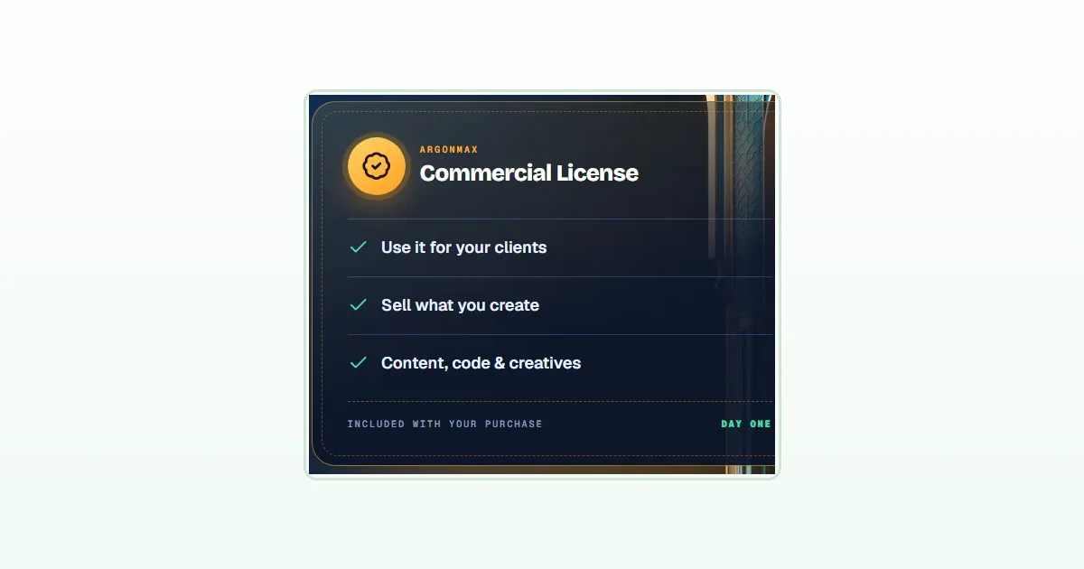 ArgonMAX AI commercial license featured image showing the vendor card: use it for your clients, sell what you create