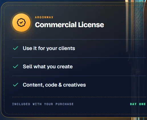 ArgonMAX AI commercial license: the vendor card saying use it for your clients and sell what you create