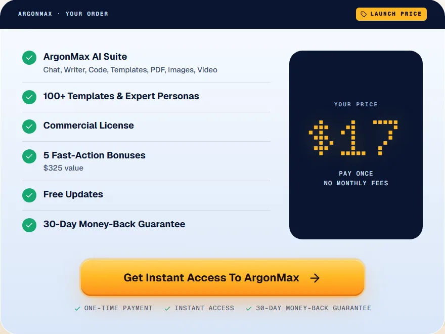 ArgonMAX AI OTO guide: the vendor offer box showing the $17 front end with templates, commercial license and bonuses