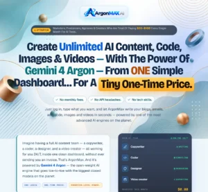 ArgonMAX AI sales page hero: create AI content, code, images and videos from one dashboard for a one-time price